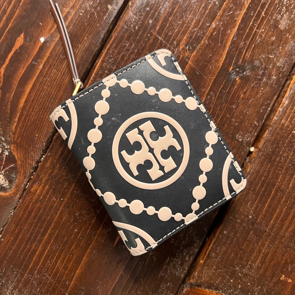 Tory Burch Black and Beige Logo Wristlet Bifold Wallet